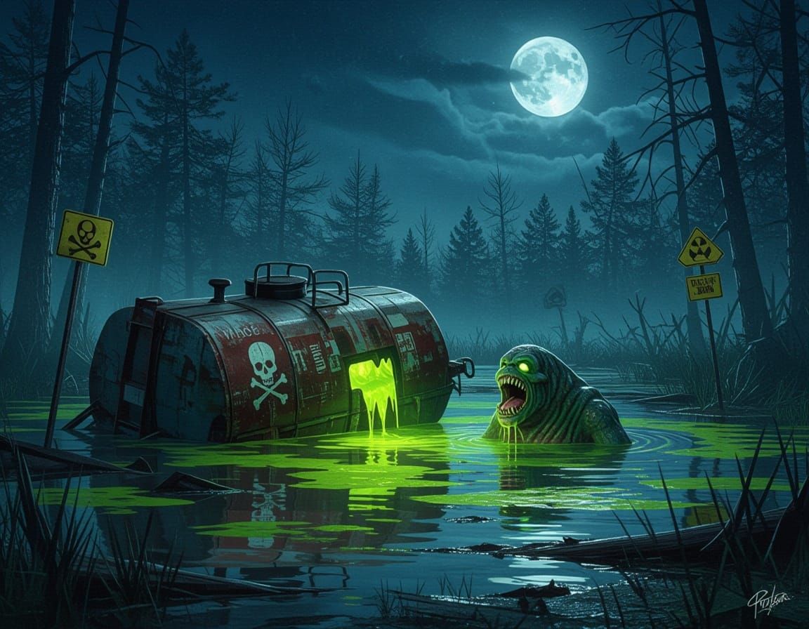 Grotesque Monster Drinks from Polluted Swamp Under Moonlight