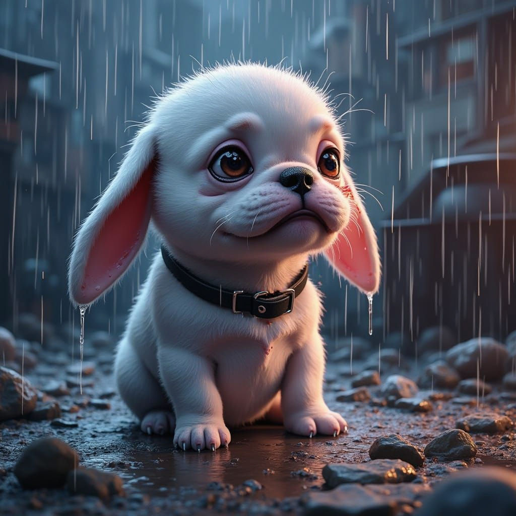 Sad French Bulldog in Rainy City, Hyperdetailed Digital Art