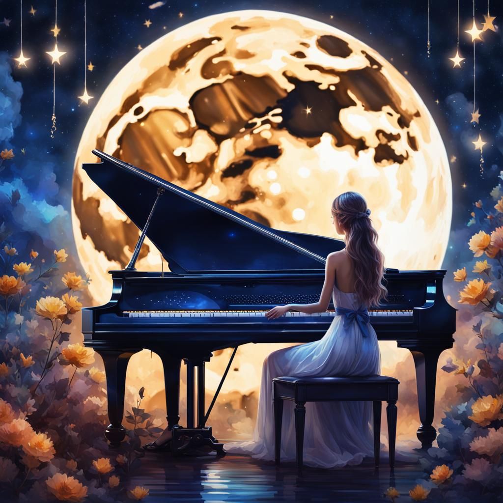 Mystical Girl and Piano in Watercolor Night