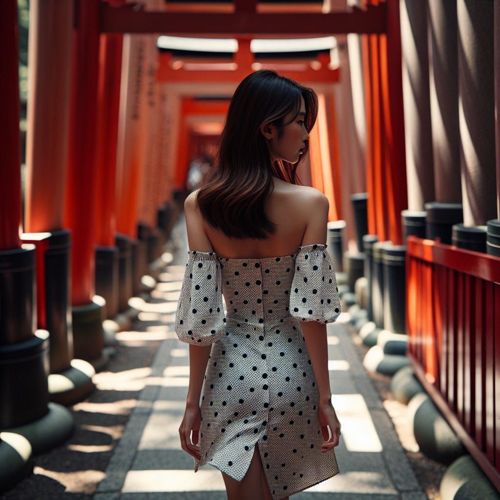East Asian Woman Walking Through Red Torii Gates