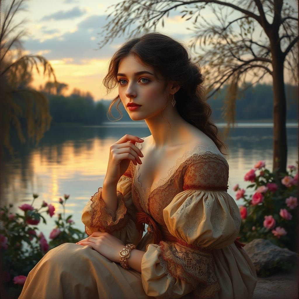 Ethereal Lady Lost in Serene Lake Landscape
