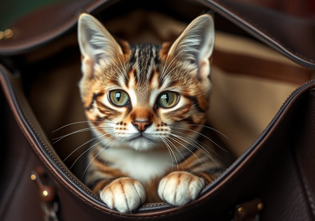 Whimsical Tabby Cat Peeks from Upscale Handbag