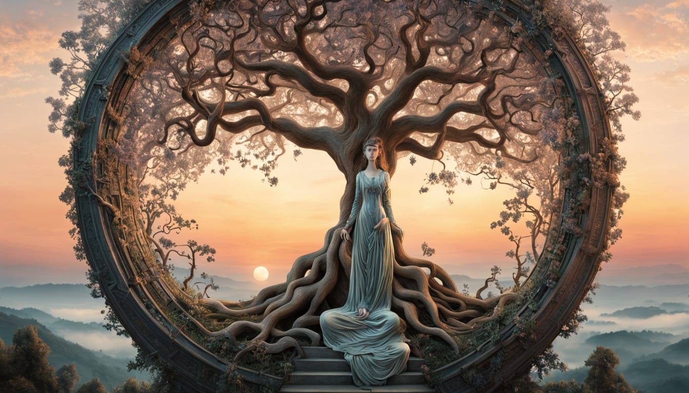 Surreal Tree Woman Portal in a Labyrinth of Light and Shadow...