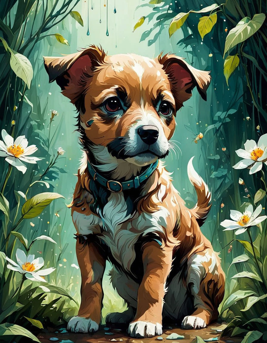 Adorable Cur Dog in Floral Spring: Digital Art