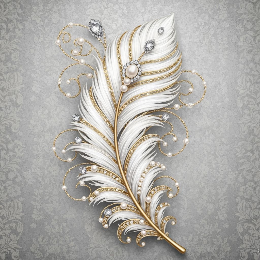 Ornate White and Gold Feather with Gemstones