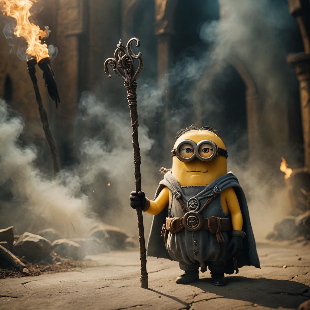 Minion Cosplaying as Gandalf in Fantasy Film Still