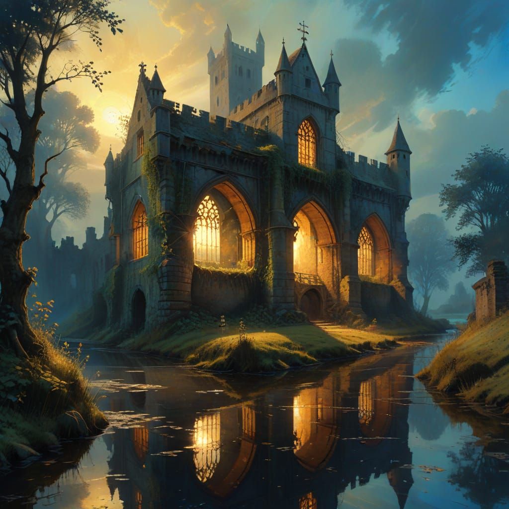 Gothic Gatehouse Shines on Riverbank in Iridescent Hues