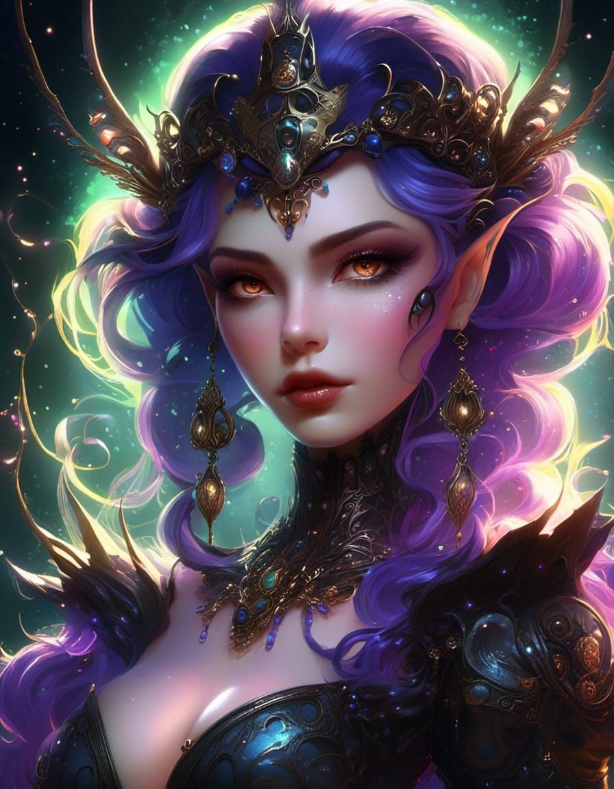 Goth Fairy with Bioluminescent Wings in Dark Forest