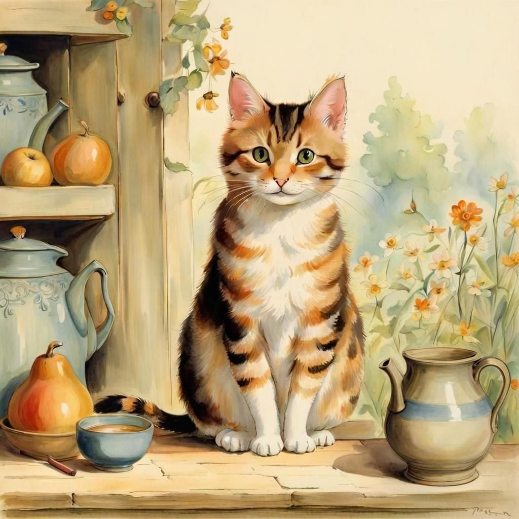 Cat Illustration in Beatrix Potter Style