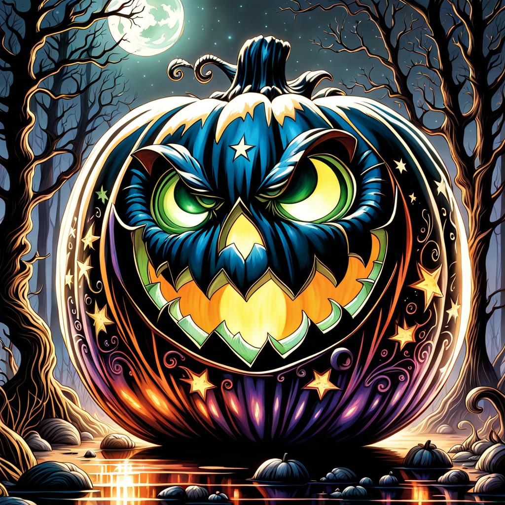 Glass Pumpkin in Halloween Forest, Watercolor Style