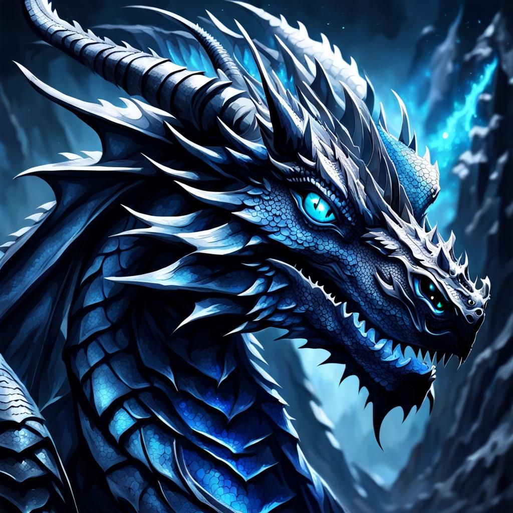 Dragon with Black Scales and Bright Blue Eyes