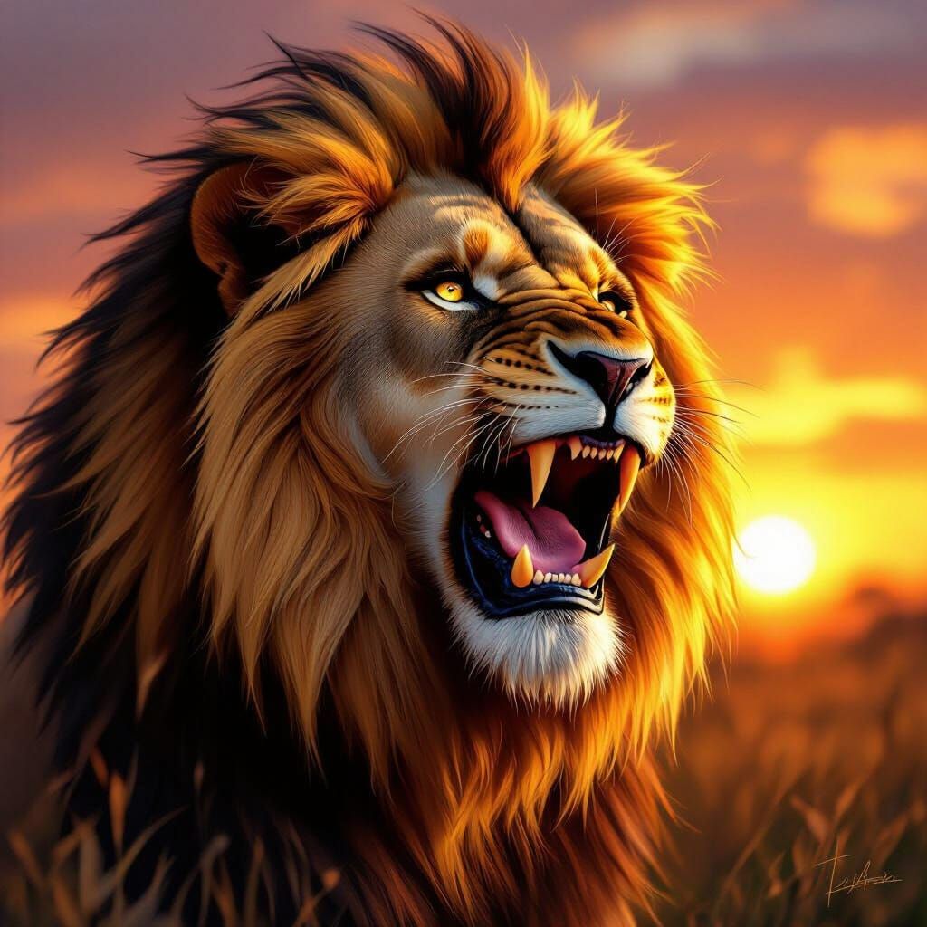 Majestic Lion Roaring at Fiery Sunset