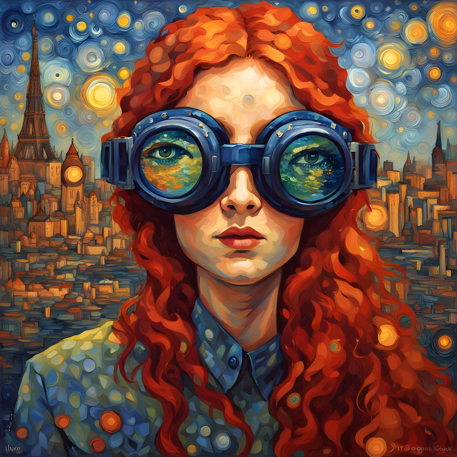 Red-Haired Woman with Thunder Goggles, Expressionist Oil Pai...