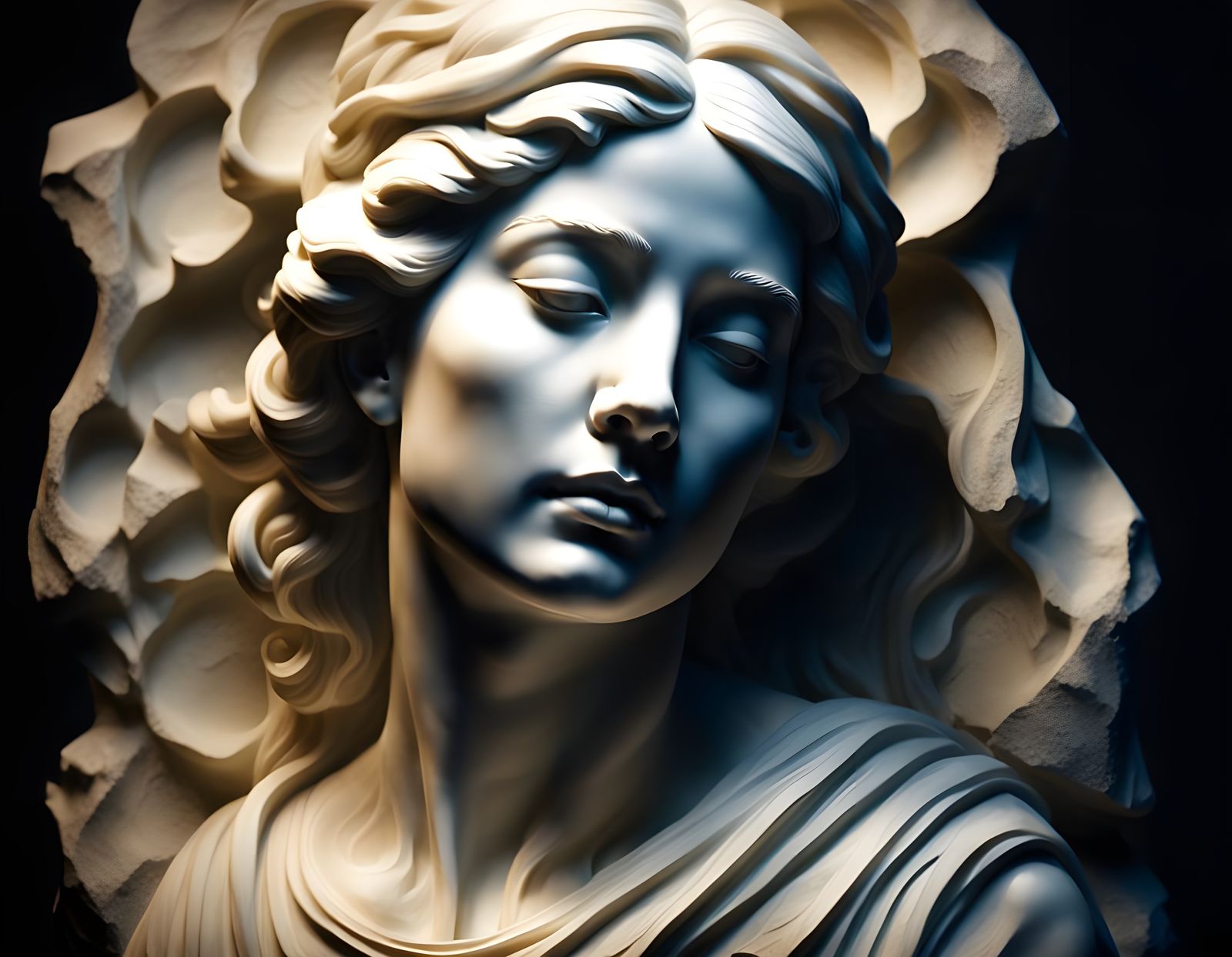 Alabaster Woman Sculpture in Atmospheric Lighting