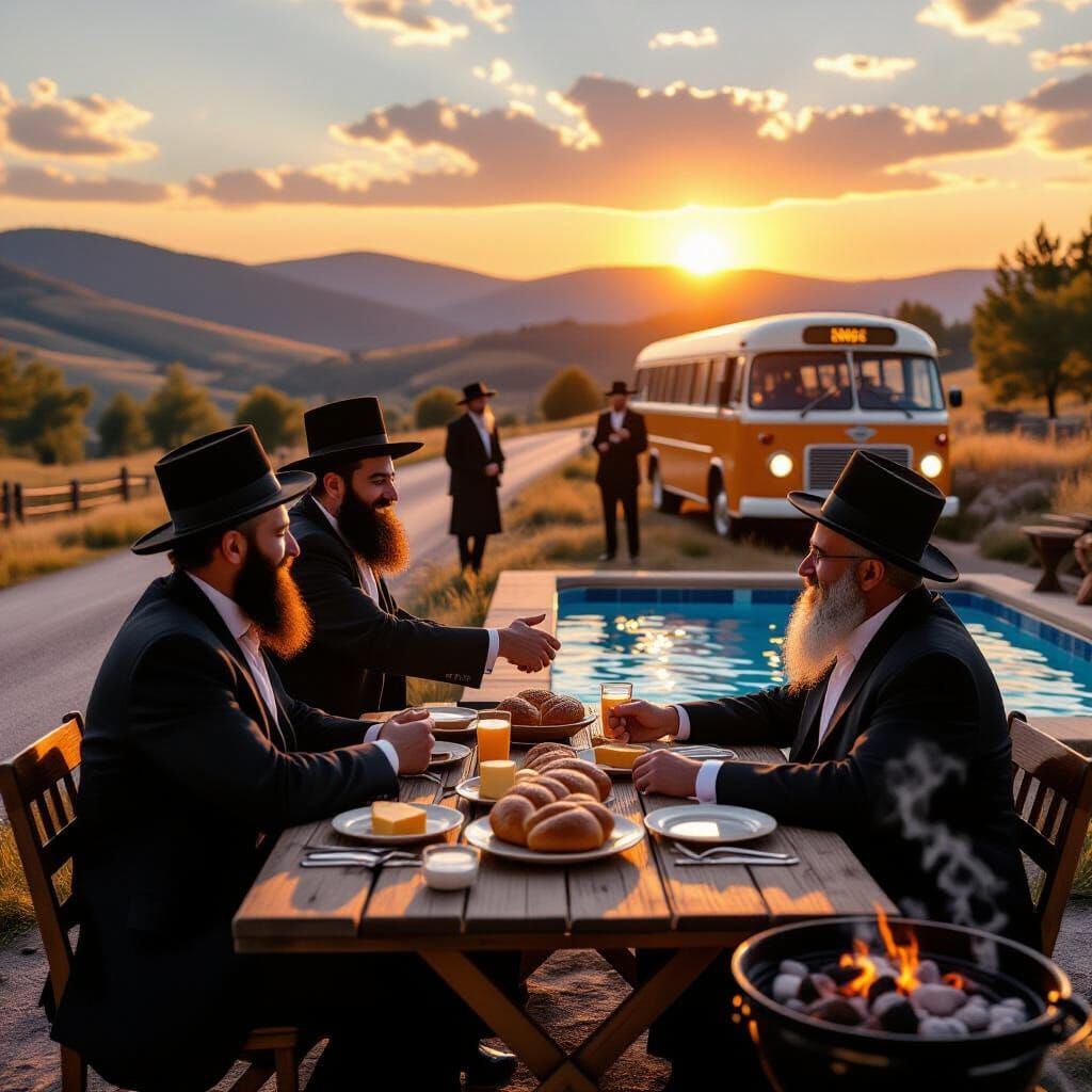 Hasidic Group Trip: Nostalgic Bus and Sunset Scene