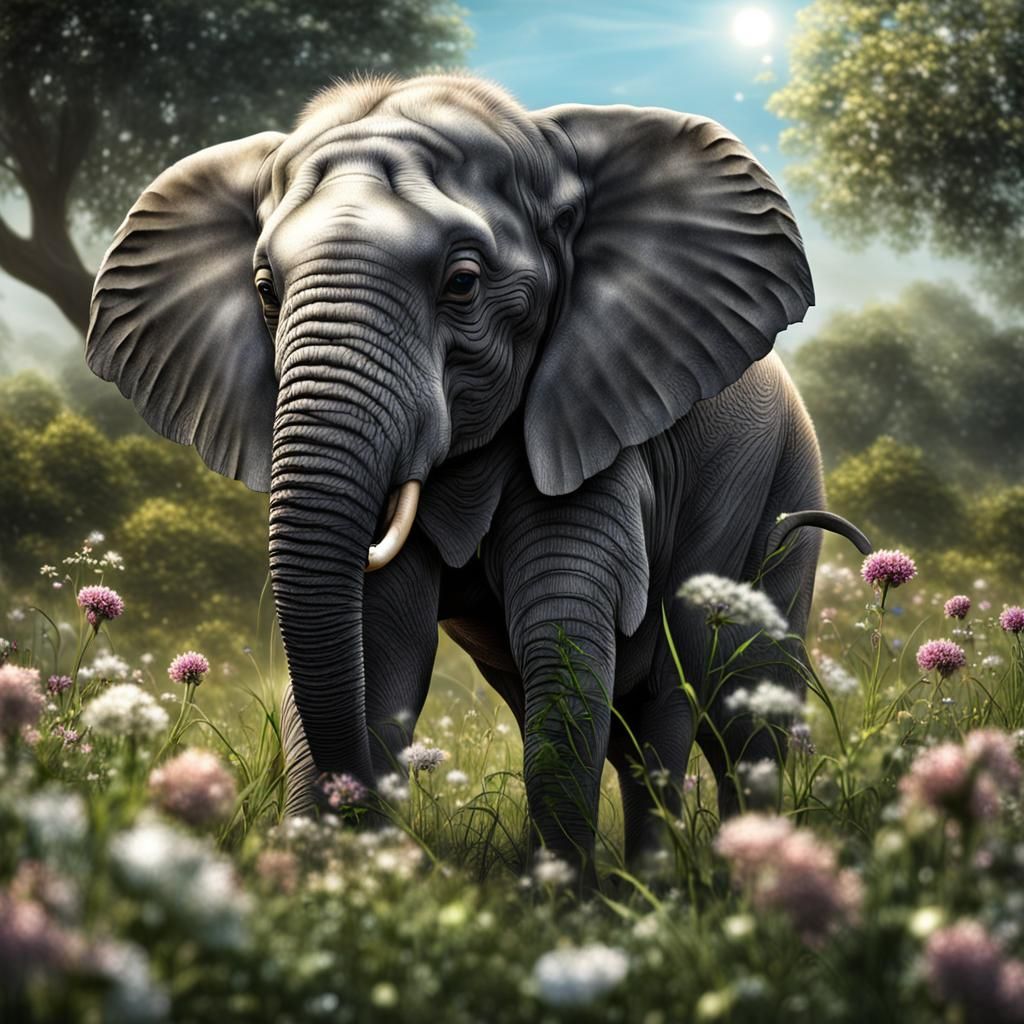 Baby Elephant in a Gem-Studded Meadow