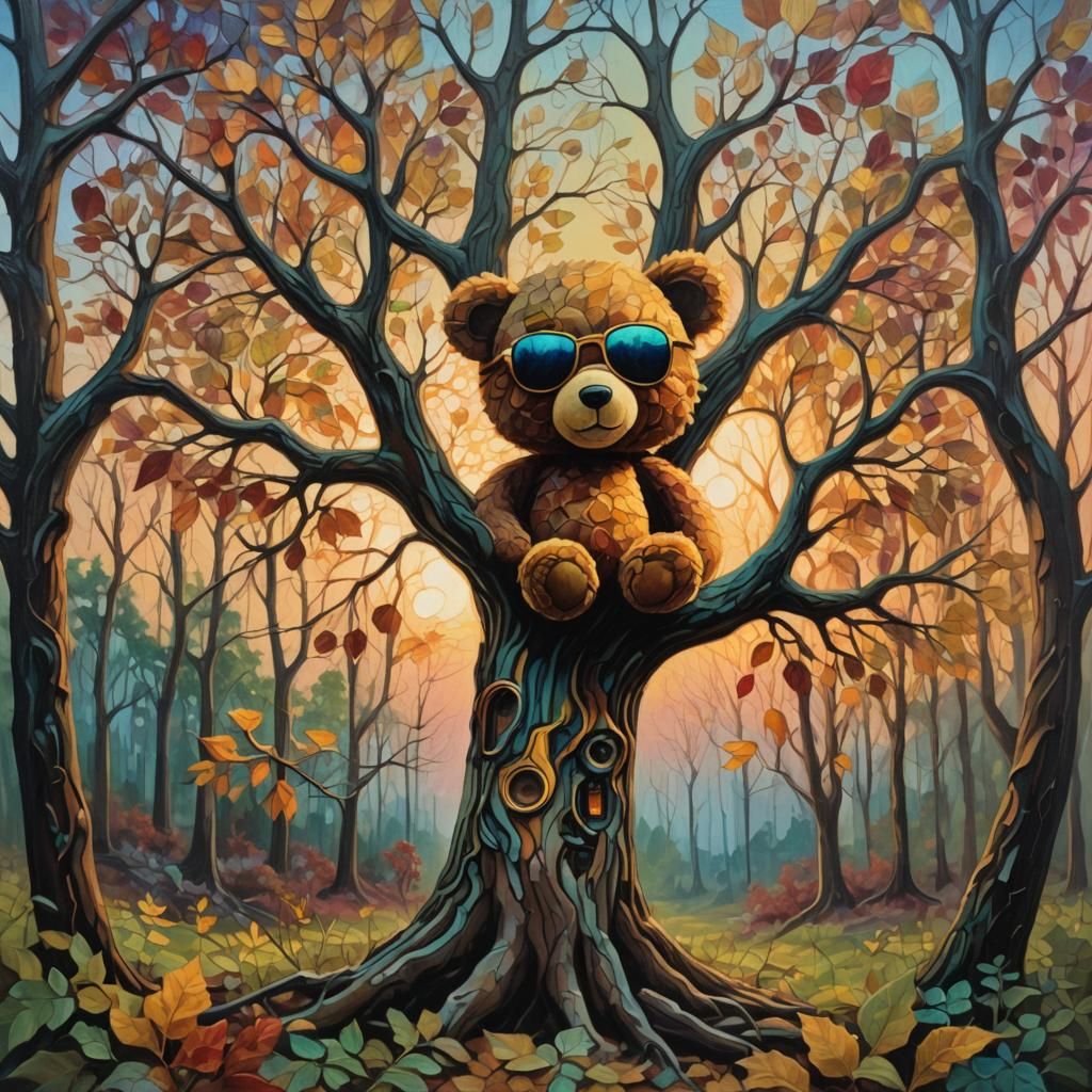 Surreal Teddy Bear Tree in Forest at Sunset