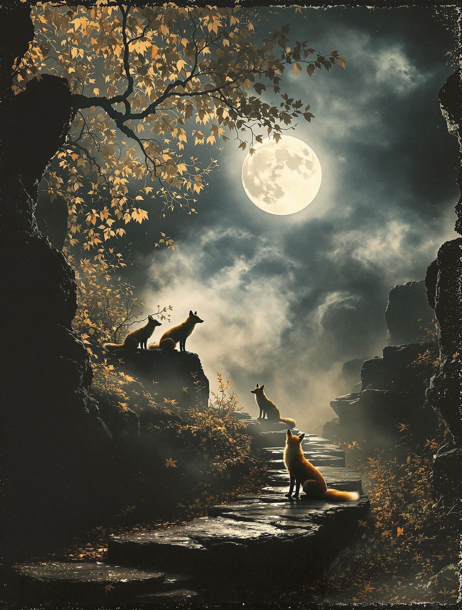Mystical Moonlit Circle: Foxes and Ancient Stones
