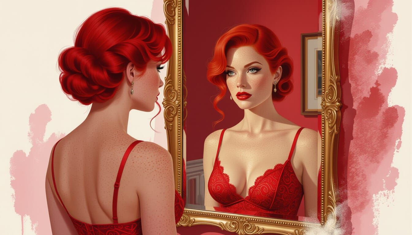 Crimson Woman Gazes Into Mirror, Hyperrealistic Splash Art