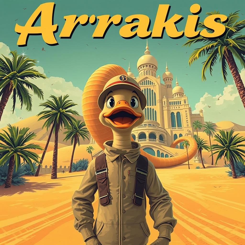 Arrakis Travel Poster: Duck Tourist and Sandworm