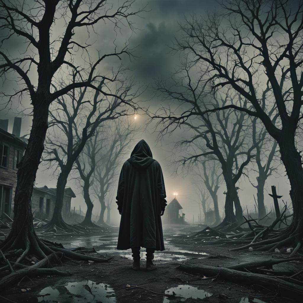 Ominous Hooded Figure in Abandoned Town