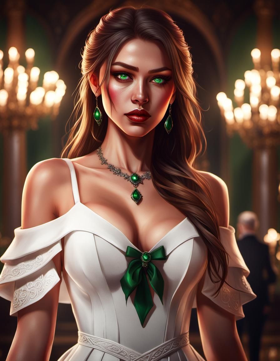 Green-Eyed Villainess in White Dress: Digital Painting