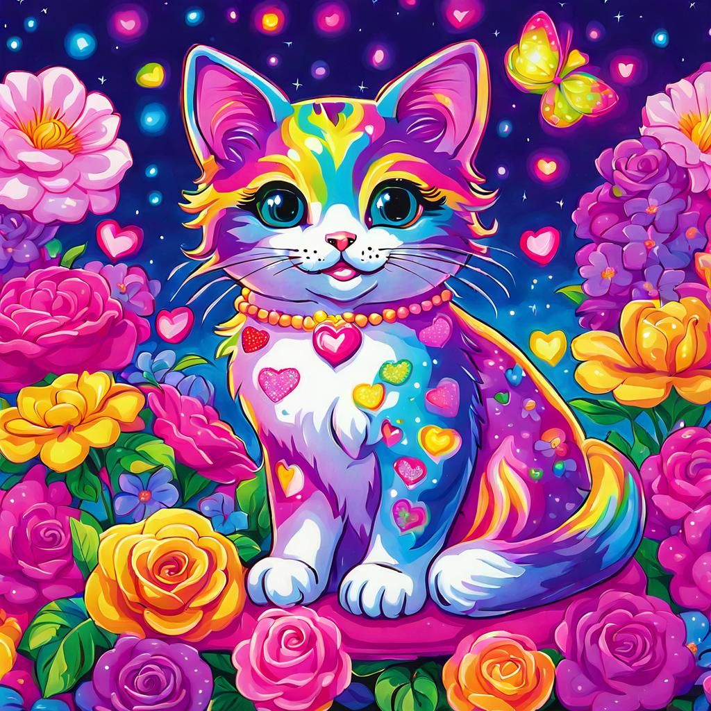 Neon Cat Surrounded by Flowers in Lisa Frank Style