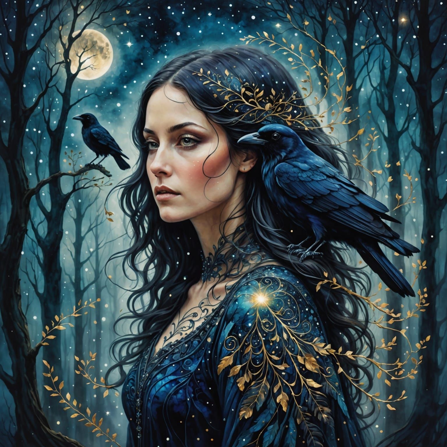 Mystical Raven Portrait in Surreal Alcohol Ink Style