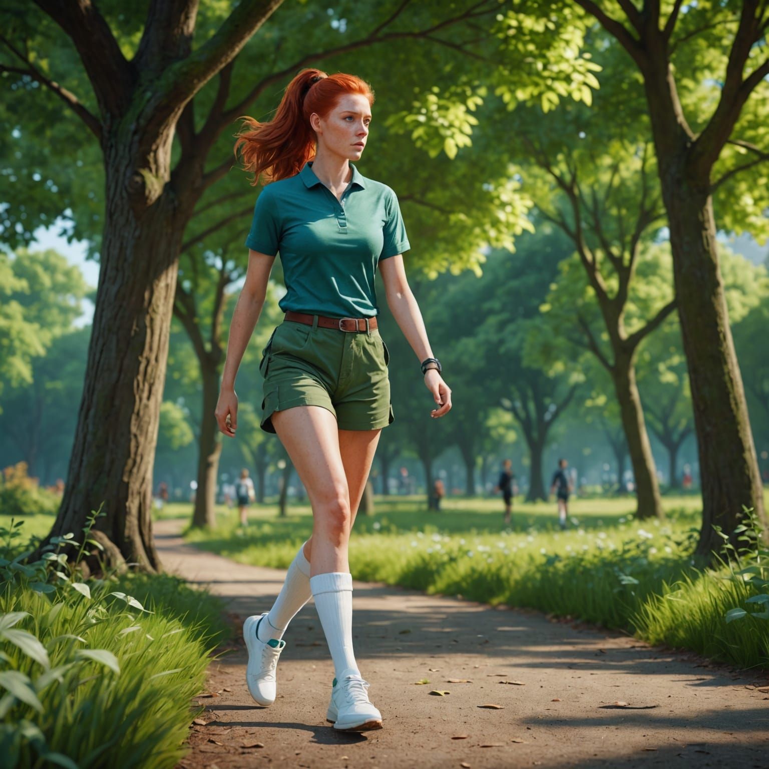 Woman With Red Hair Walking in Park