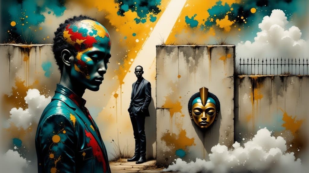 Surreal Shadow Man with African Mask in Volumetric Light