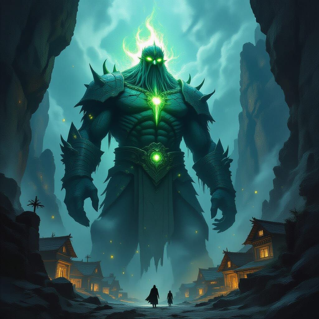Obsidian Giant Guardian of Bioluminescent Mountain Village