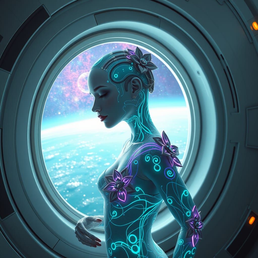 Biopunk Cyborg in Floral Circuitry, Softstream Sci-Fi