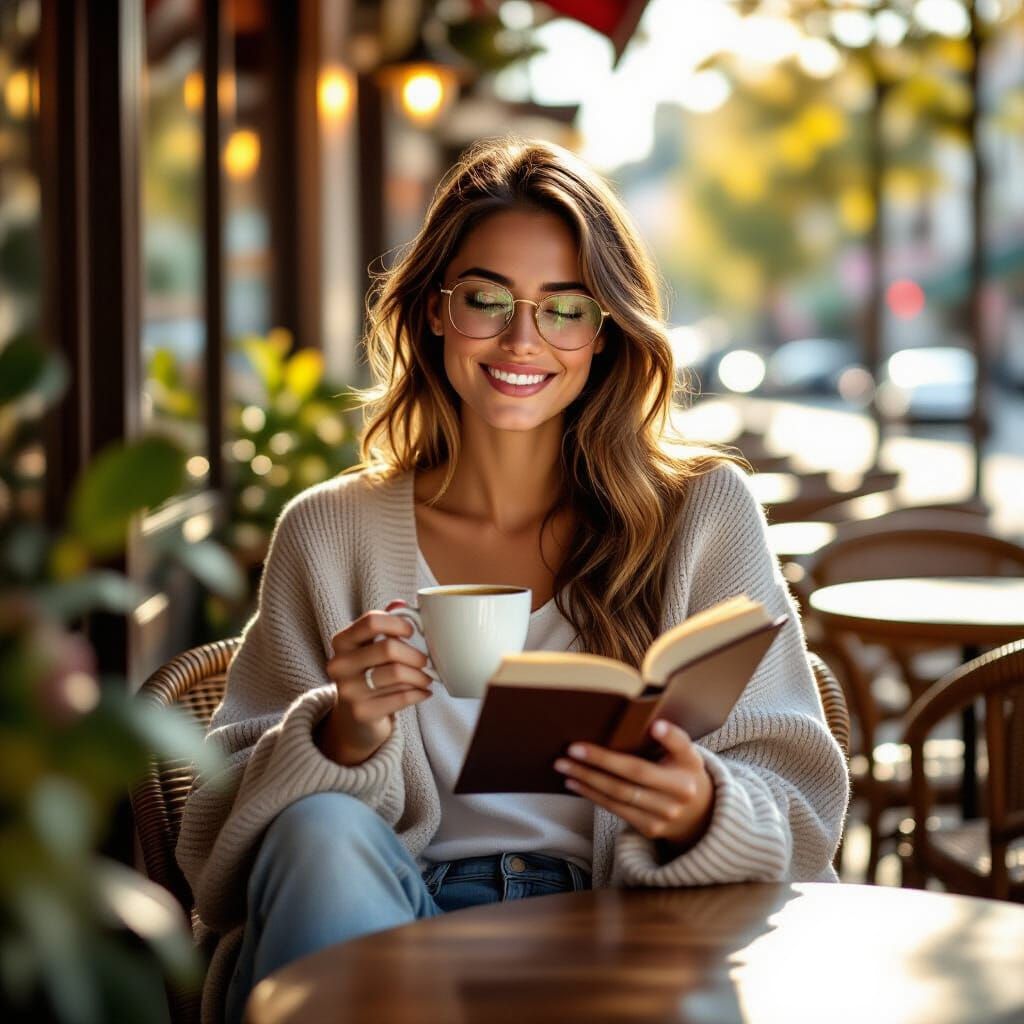 Relaxed Teacher at Cafe in Photorealistic Style