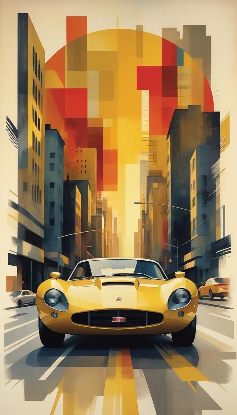 Vibrant Expressionist. Medium shot. A sleek yellow sports car speeds through the city streets. Dynamic shot. Scratchy ac...