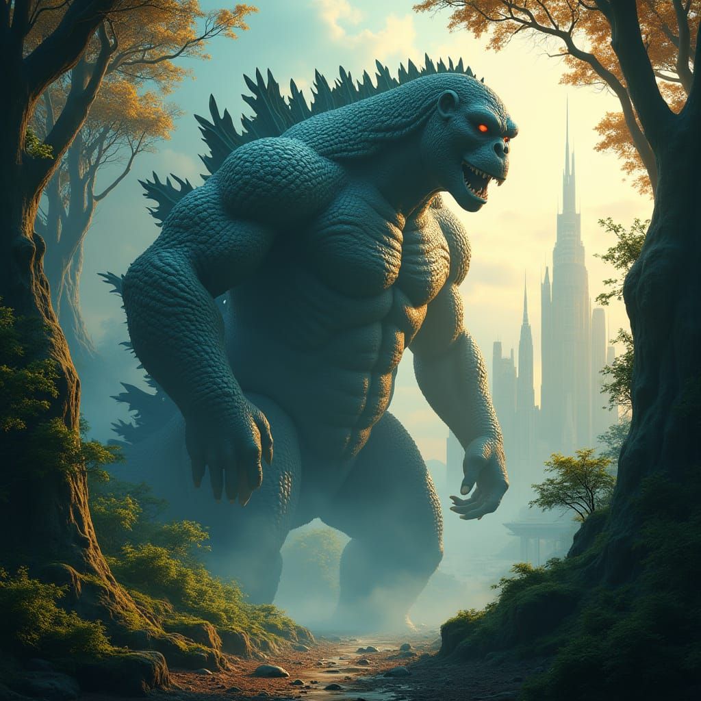 Mystical Beast Rises from Ancient Forest in Cyberpunk Style