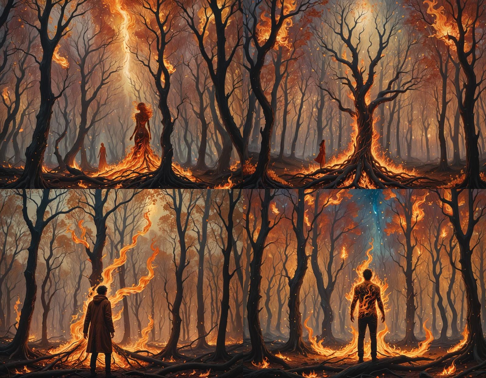 Surreal Fire Forest Scene: Destruction and Rebirth
