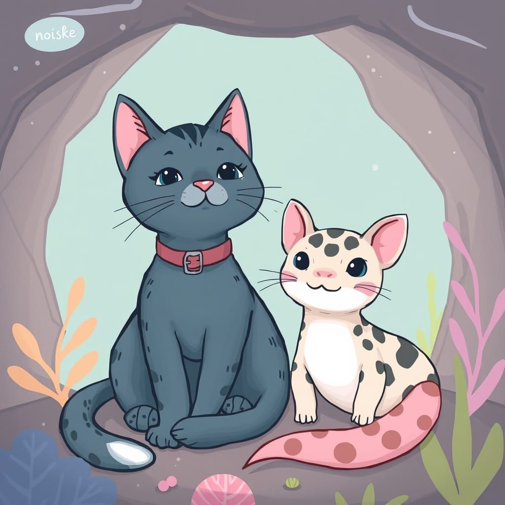 Whimsical Cat and Axolotl in a Cozy Aquatic Scene