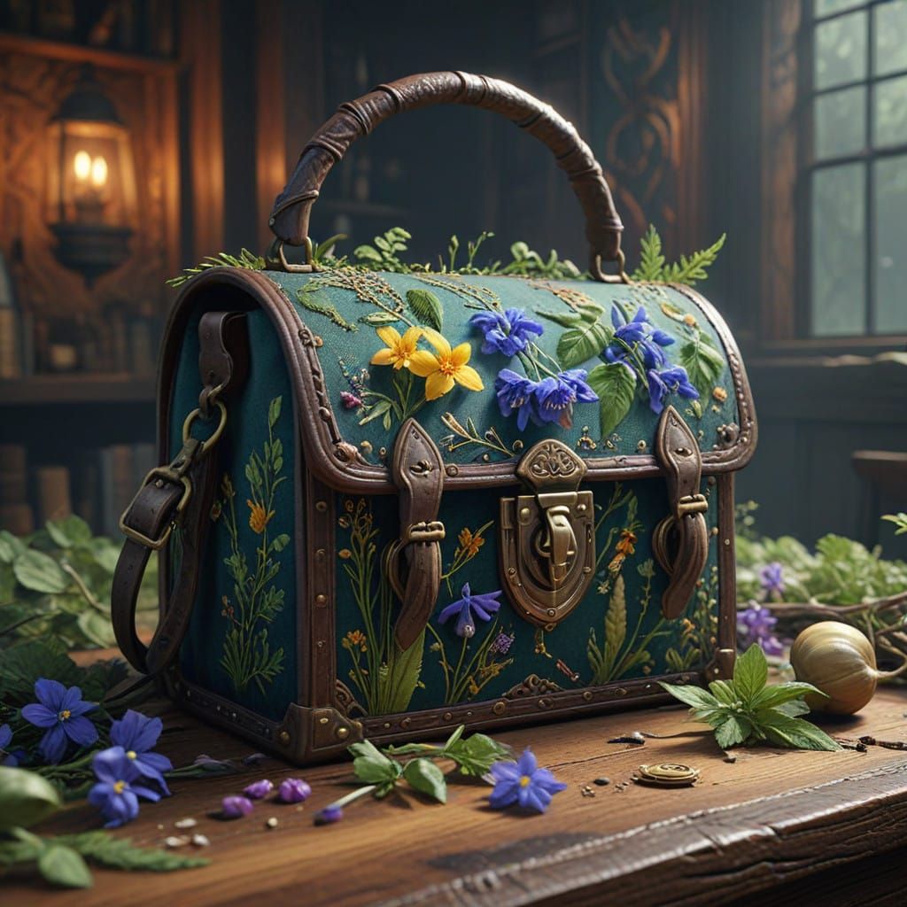 Velvet Satchel of Enchanted Herbs in Golden-Brown Fantasy Se...