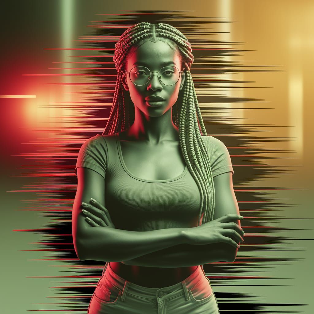 Confident Woman in Digital Glitch Portrait