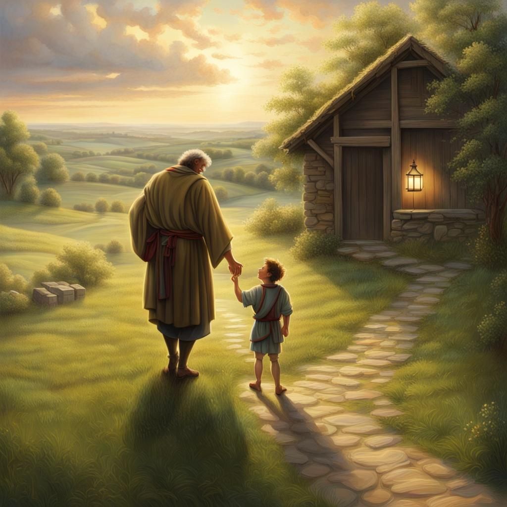 Father welcomes Prodigal Son home, grass path and light in background