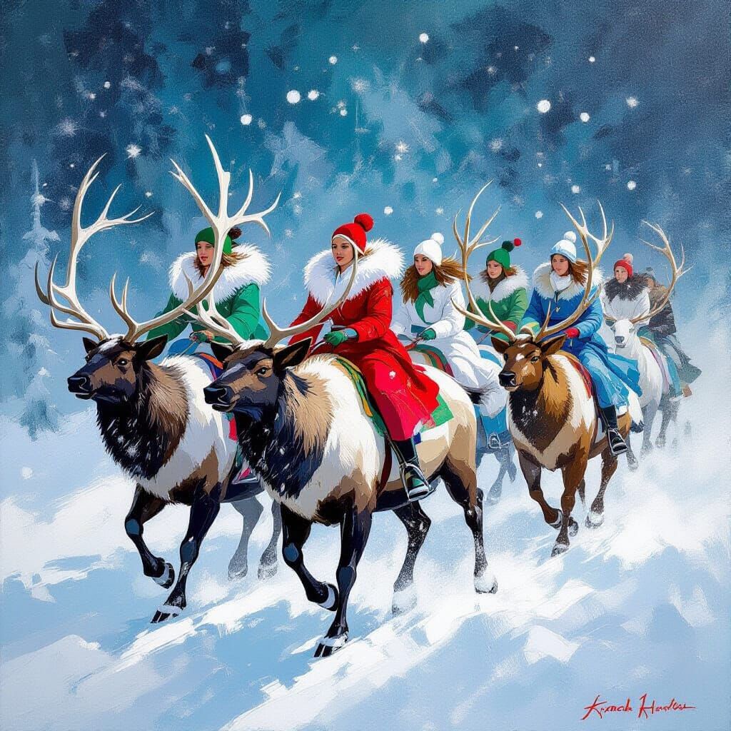 Women of the Elk Tent Snowstorm Riders in Abstract Style