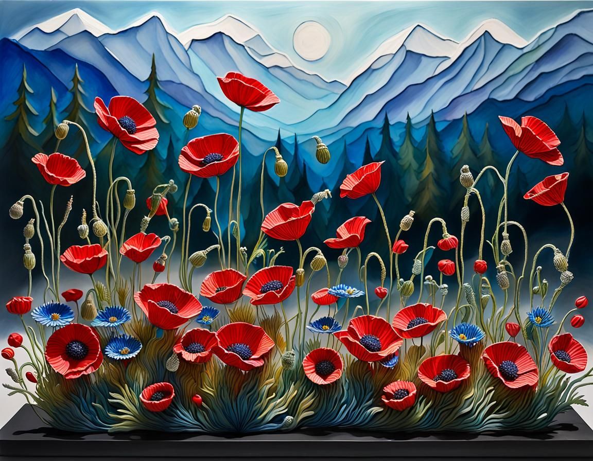 3D Sculpture of Red Poppies and Wildflowers