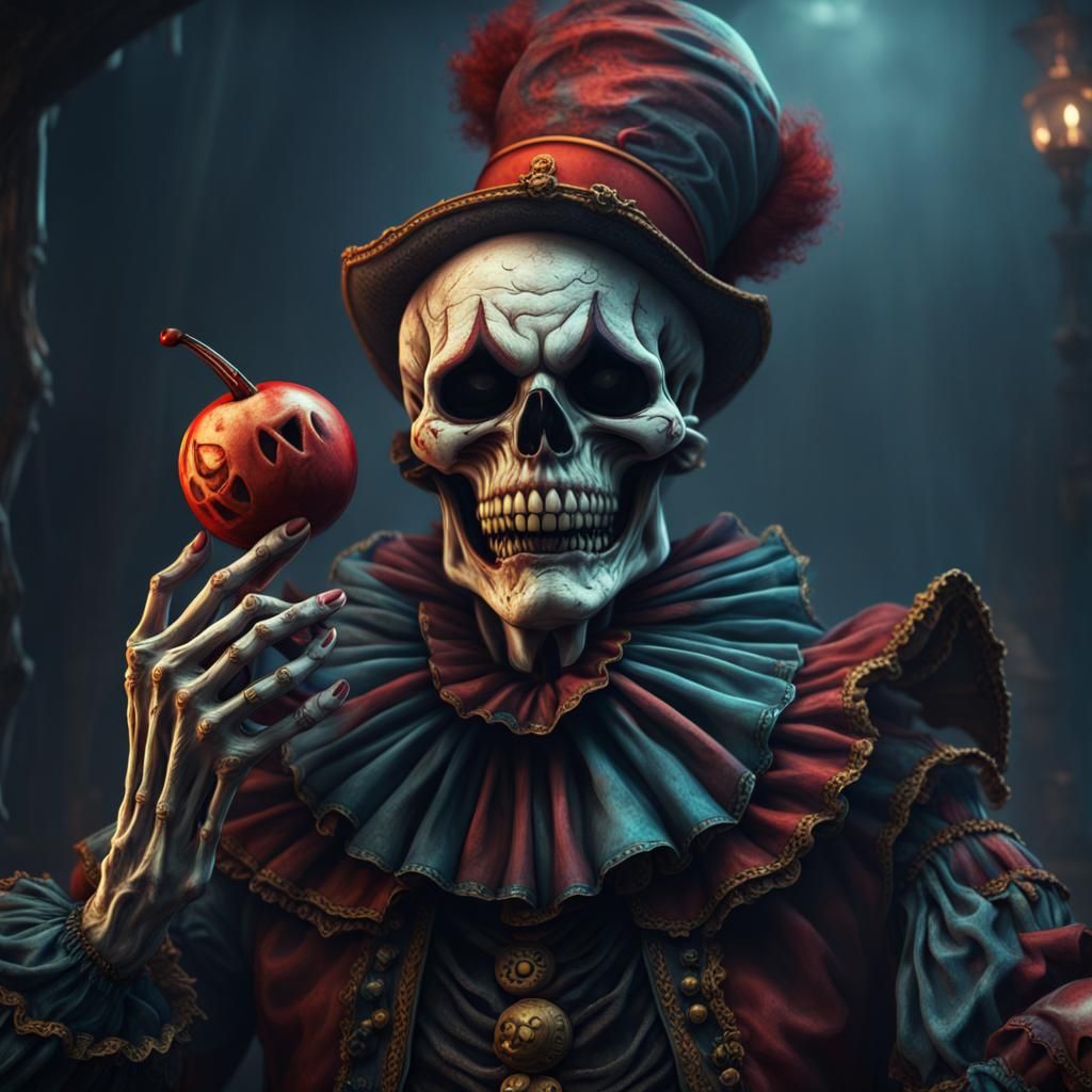 Evil Skeleton Clown Holding Head, Digital Painting