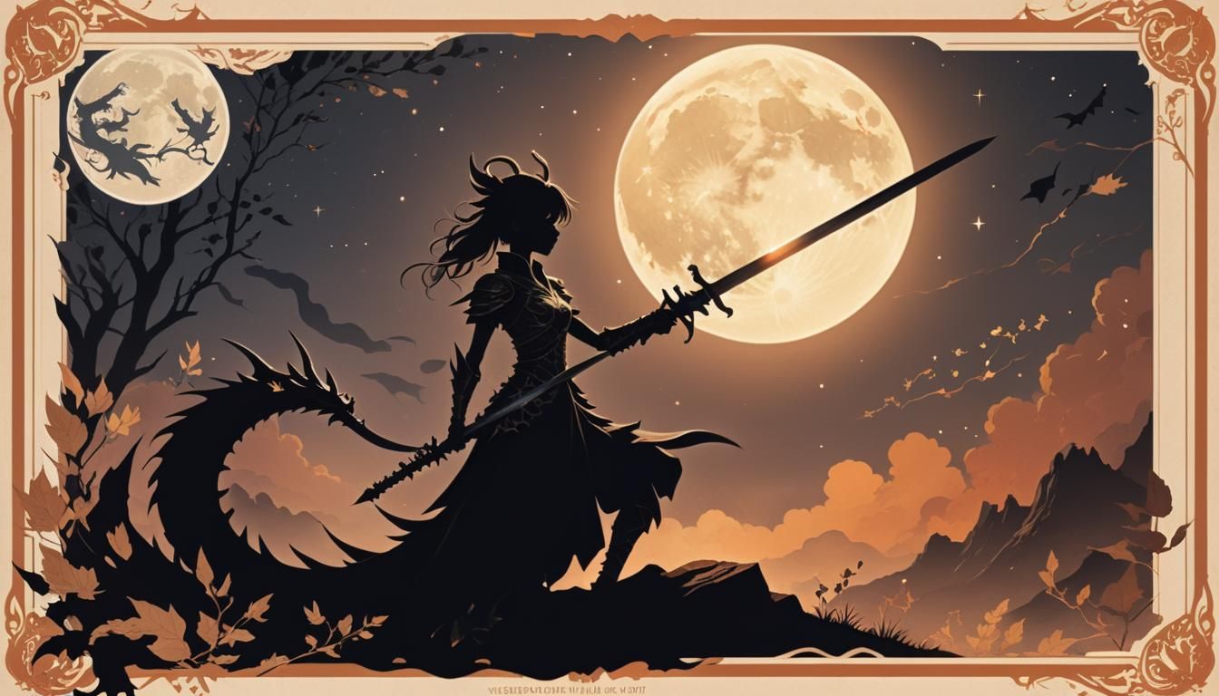 Dragon Silhouette with Sword in Cosmic Landscape