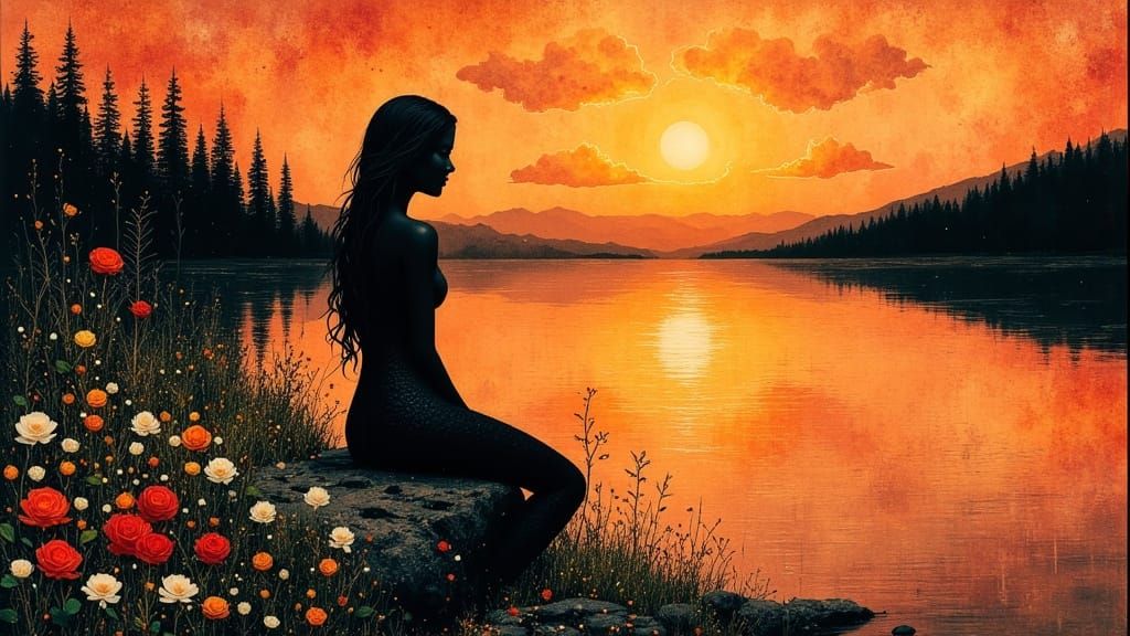 Mermaid Silhouette by Serene Lake at Sunset