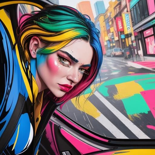 Crying Woman in Pop Art Style at Sunrise