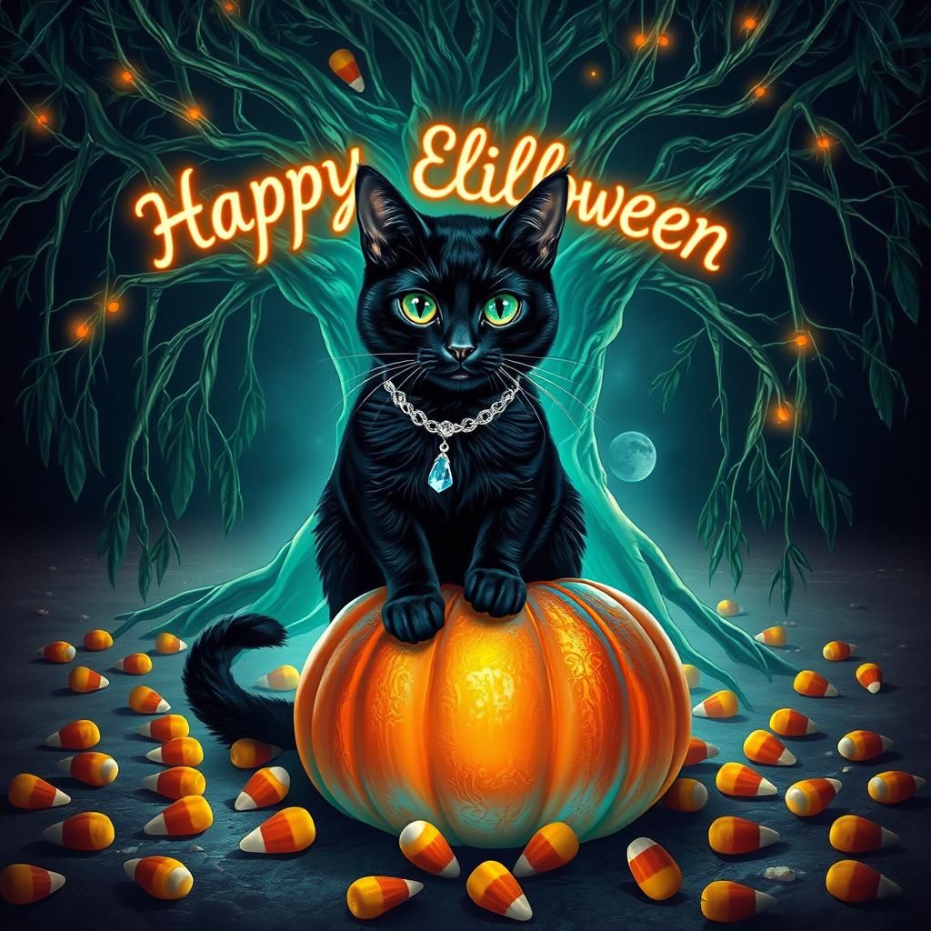 Mystical Cat on Iridescent Pumpkin: Cosmic Halloween
