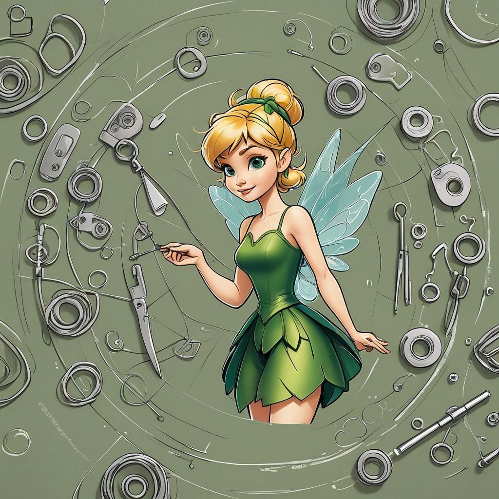 Tinkerbell Sewing: A 2D Cartoon Digital Art