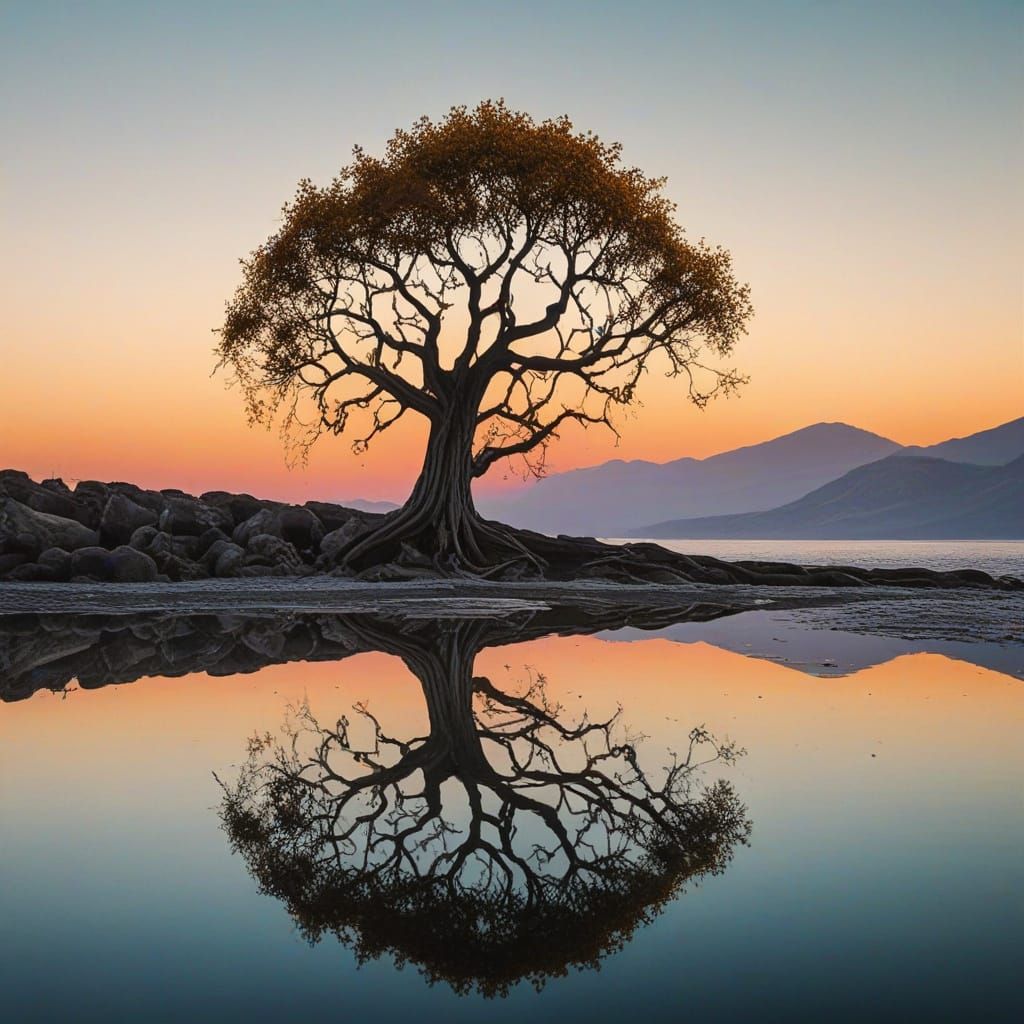 Surreal Oil Painting of Tree Melting into Lake