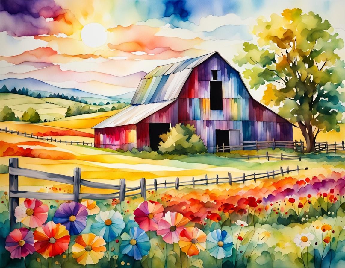 Pastoral Landscape with Quilt Barn in Watercolor Style